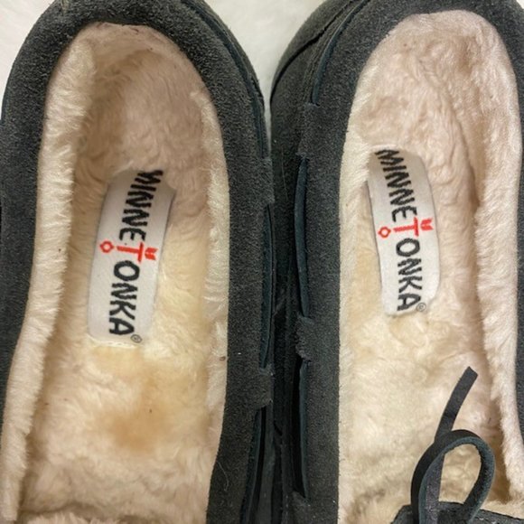 Minnetonka Cally Gray Leather Moccasin Slippers Women's 6 Faux Fur Lined - Picture 8 of 8